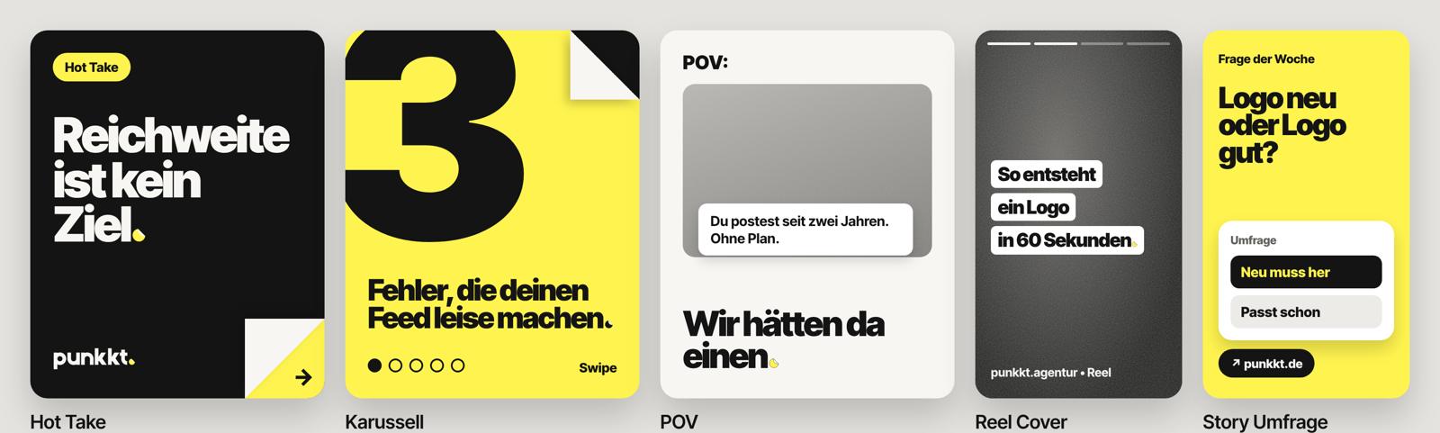 Fünf Social-Formate: Hot Take, Karussell, POV, Reel Cover, Story Umfrage